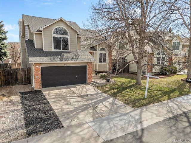 view of front of home featuring fence, driveway, a shingled roof, a garage, and brick siding
