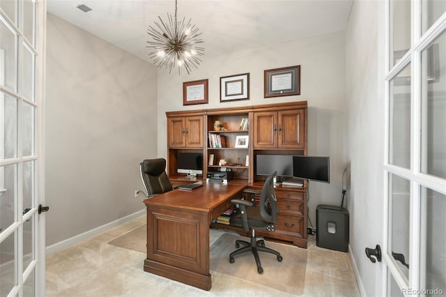 7000 S White Crow Way, Aurora, CO 80016 - office area with french doors, a chandelier, and light carpet