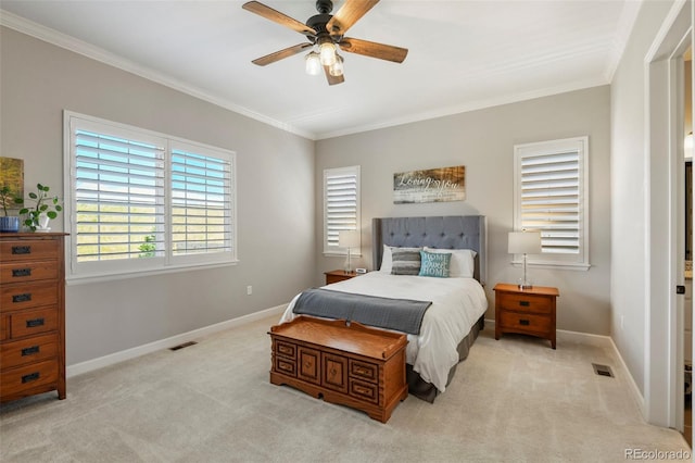 7000 S White Crow Way, Aurora, CO 80016 - bedroom featuring ornamental molding, light carpet, and a ceiling fan