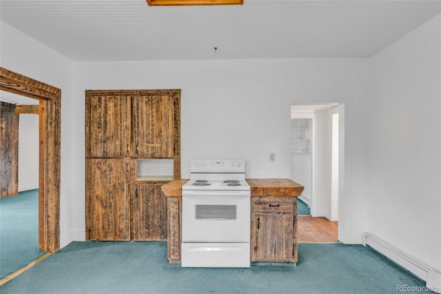 kitchen with light carpet, electric range, and a baseboard radiator