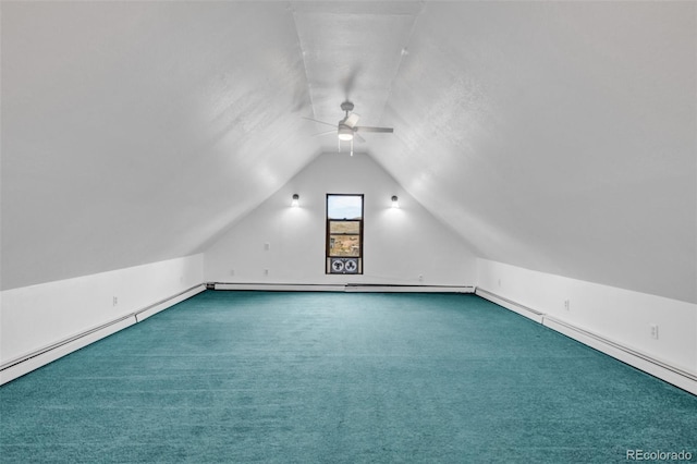 bonus room with a baseboard radiator, lofted ceiling, ceiling fan, and carpet flooring