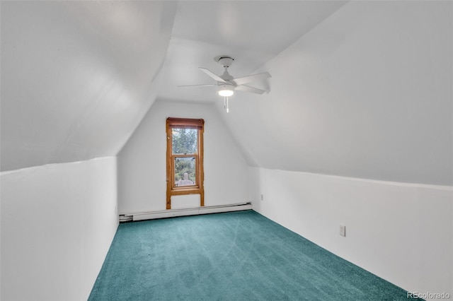 additional living space with carpet, lofted ceiling, ceiling fan, and baseboard heating