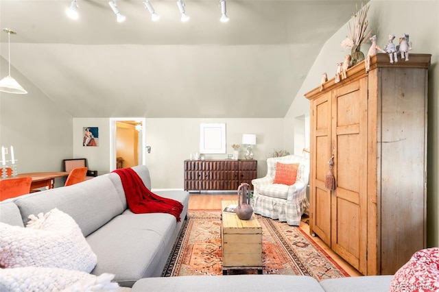 living room featuring light wood finished floors, vaulted ceiling, and track lighting