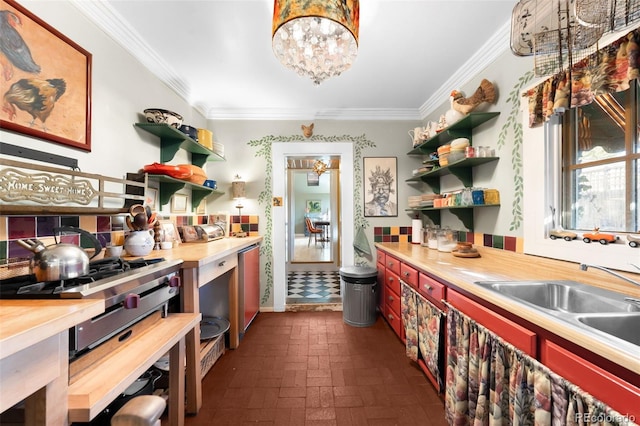 kitchen featuring crown molding, wooden counters, and open shelves