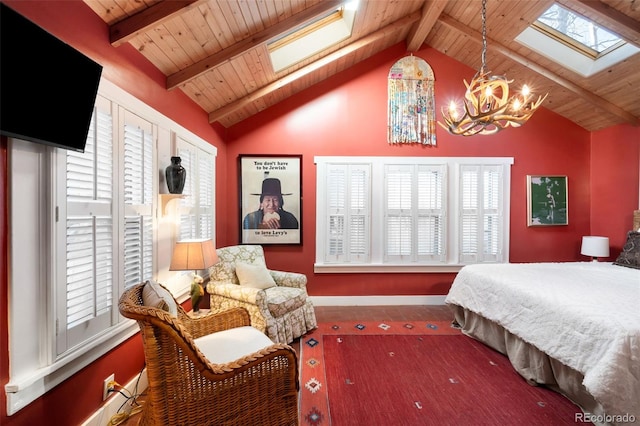 bedroom featuring a chandelier, vaulted ceiling with skylight, and wood ceiling