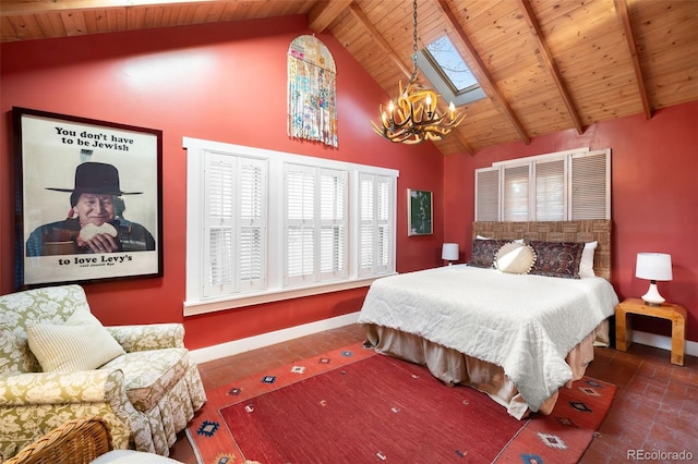 bedroom featuring wooden ceiling, baseboards, a chandelier, and beamed ceiling