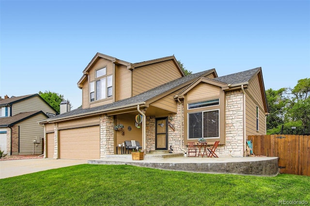 12013 W 56th Cir, Arvada, CO 80002 - view of front of house featuring stone siding, driveway, an attached garage, and roof with shingles