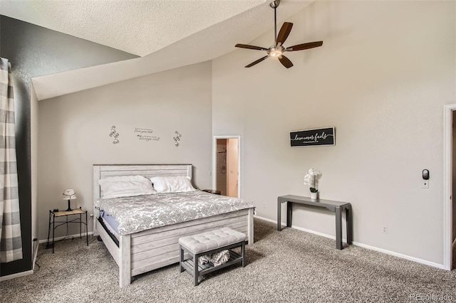 12013 W 56th Cir, Arvada, CO 80002 - bedroom with carpet flooring, high vaulted ceiling, a textured ceiling, and ceiling fan