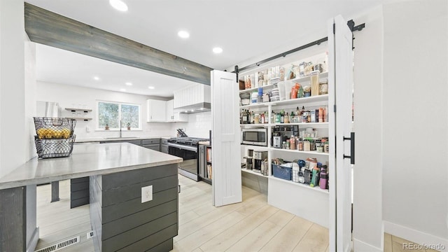 kitchen featuring open shelves, white cabinets, light wood-style floors, stainless steel appliances, and a sink