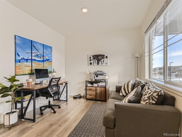 4955 Trails Edge Ln, Castle Rock, CO 80104 - home office with light wood finished floors, recessed lighting, and baseboards