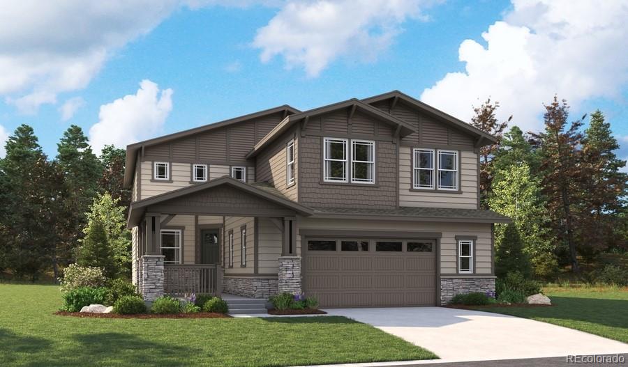 8338 Snake River St, Littleton, CO 80125 - craftsman-style home featuring stone siding, covered porch, an attached garage, a front yard, and driveway