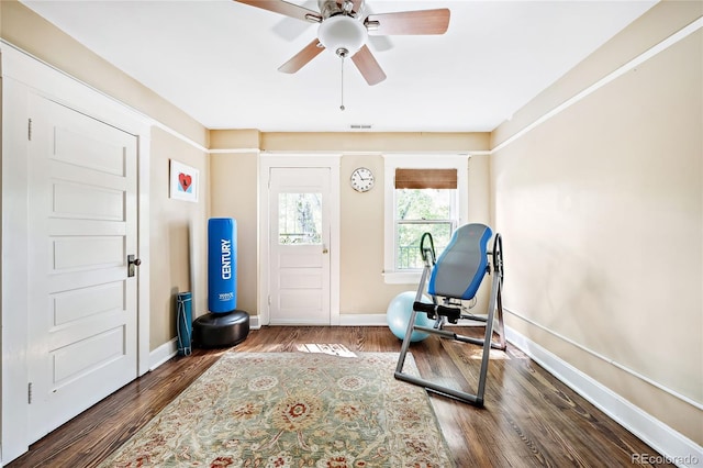 entrance foyer with ceiling fan and dark hardwood / wood-style flooring