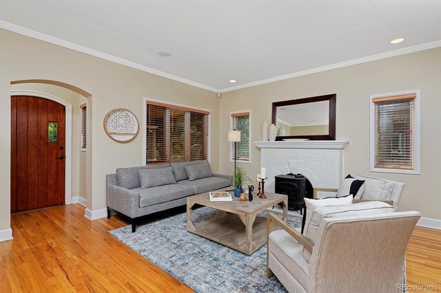 living room featuring light wood-type flooring and crown molding