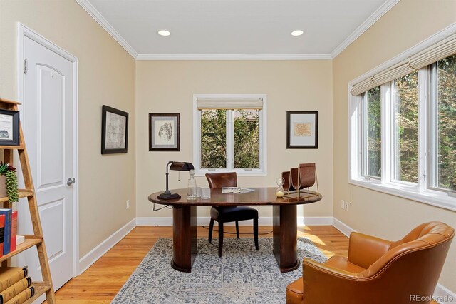 office area featuring crown molding, plenty of natural light, and light hardwood / wood-style flooring