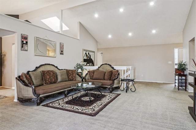 carpeted living area with recessed lighting, baseboards, high vaulted ceiling, and beam ceiling