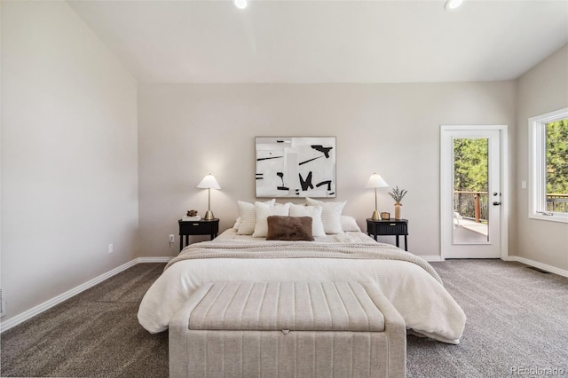 carpeted bedroom featuring access to outside, baseboards, and recessed lighting