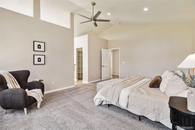 bedroom featuring carpet, baseboards, recessed lighting, high vaulted ceiling, and a ceiling fan