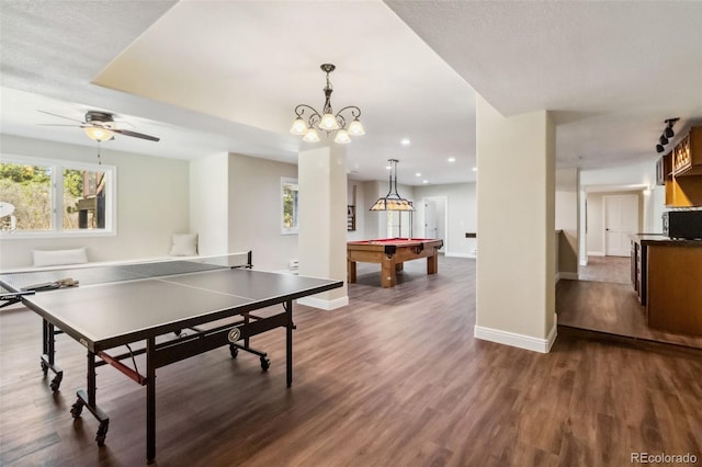 playroom featuring pool table, baseboards, dark wood-style floors, recessed lighting, and ceiling fan
