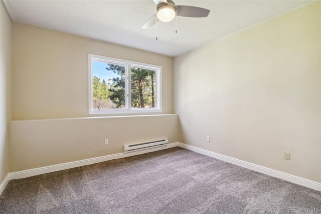 carpeted empty room featuring a baseboard radiator, ceiling fan, and baseboards