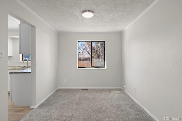 empty room featuring ornamental molding, light colored carpet, baseboards, and a sink