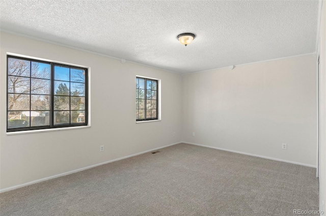 empty room with visible vents, baseboards, carpet, and a textured ceiling