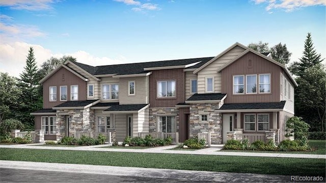 728 N Bently St, Watkins, CO 80137 - view of front of home featuring stone siding, covered porch, and a front yard