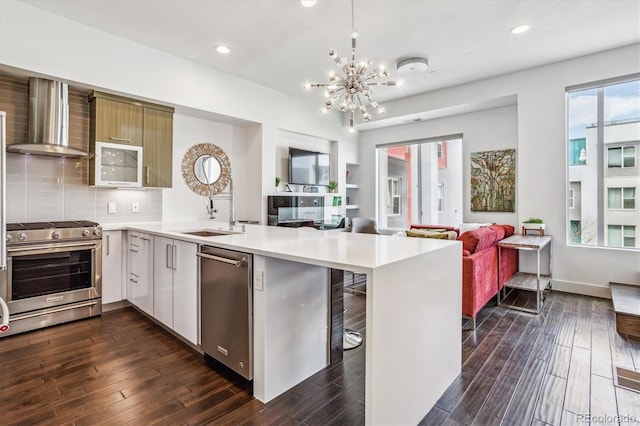 kitchen with backsplash, stainless steel appliances, dark wood-type flooring, wall chimney exhaust hood, and sink