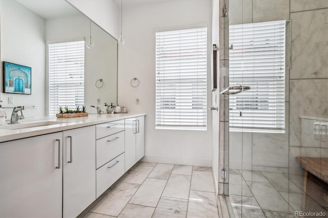 bathroom with tile flooring and dual vanity