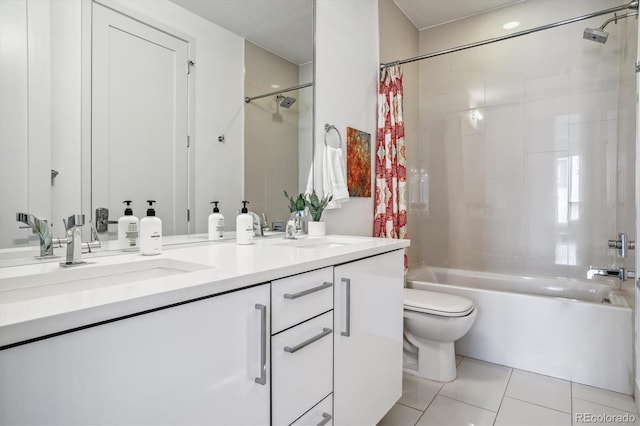 full bathroom with tile flooring, toilet, dual vanity, and shower / bath combo with shower curtain