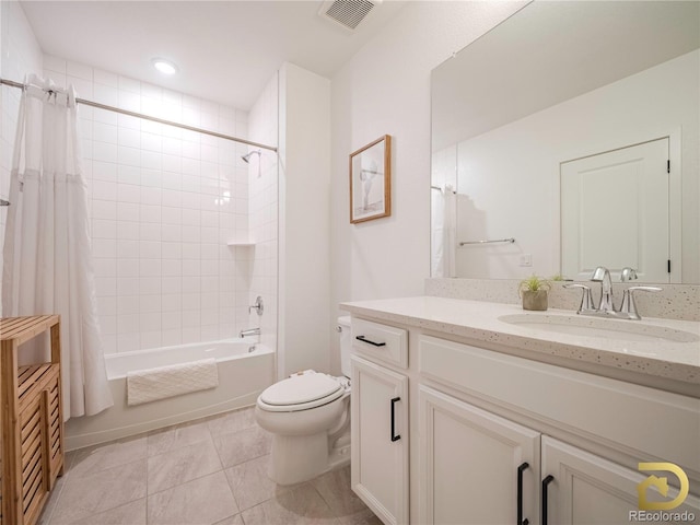 full bathroom with visible vents, shower / bathtub combination with curtain, toilet, vanity, and tile patterned floors