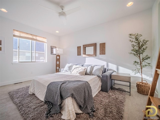 carpeted bedroom with recessed lighting, visible vents, ceiling fan, and baseboards