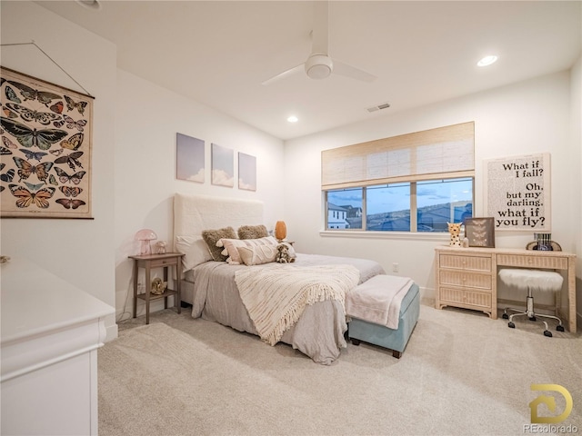 bedroom featuring recessed lighting, visible vents, ceiling fan, and carpet flooring