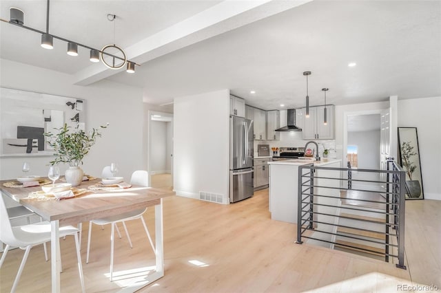 kitchen with appliances with stainless steel finishes, pendant lighting, gray cabinetry, backsplash, and wall chimney range hood