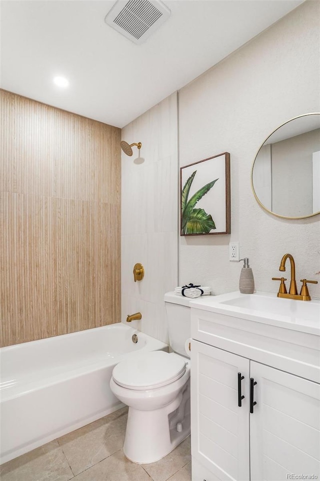 full bathroom featuring vanity, tile patterned flooring, shower / bathtub combination, and toilet