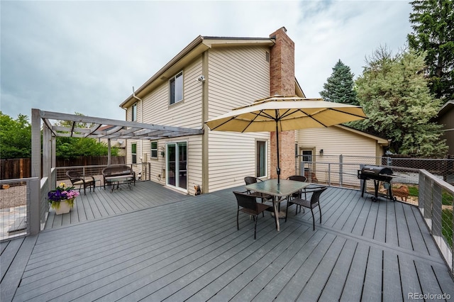4571 S Memphis St, Aurora, CO 80015 - wooden terrace with outdoor dining space, grilling area, a fenced backyard, and a pergola