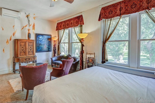 carpeted bedroom with multiple windows, ceiling fan, and an AC wall unit