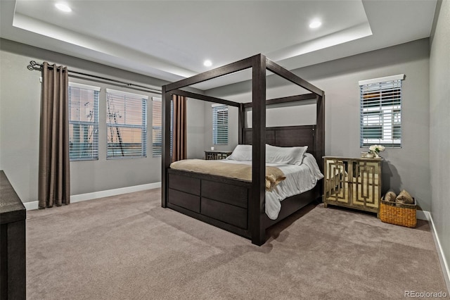 carpeted bedroom featuring a raised ceiling