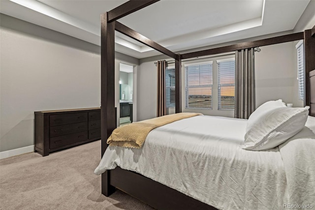 carpeted bedroom with a raised ceiling