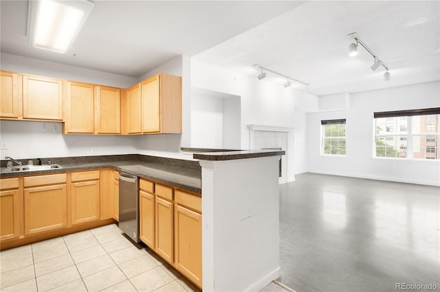 1780 N Washington St Unit 305, Denver, CO 80203 - kitchen featuring dishwasher, a sink, open floor plan, light brown cabinets, and a peninsula