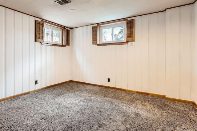 basement with carpet floors and visible vents