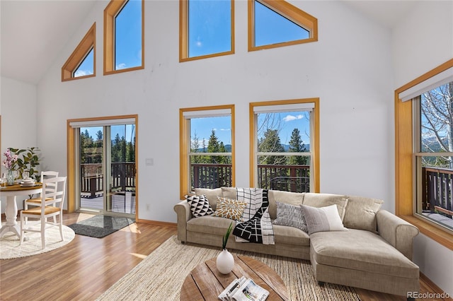 living room with a healthy amount of sunlight, high vaulted ceiling, and light hardwood / wood-style flooring