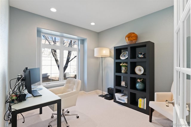 office space with baseboards, carpet flooring, and recessed lighting