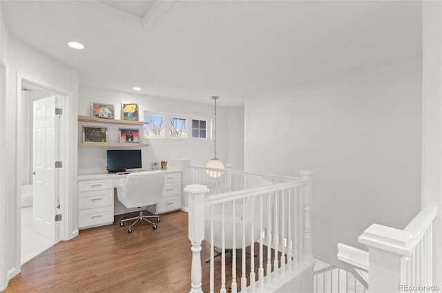 home office with wood finished floors and recessed lighting