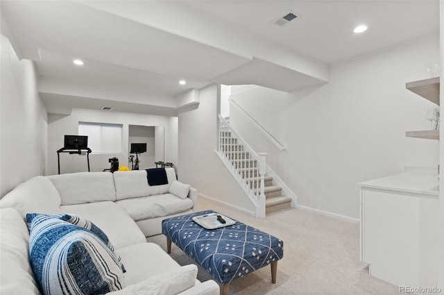 living room with light carpet, baseboards, visible vents, stairway, and recessed lighting