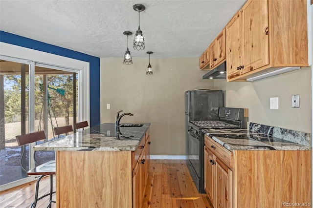 kitchen featuring under cabinet range hood, light wood-style floors, a breakfast bar area, baseboards, and black range with gas cooktop