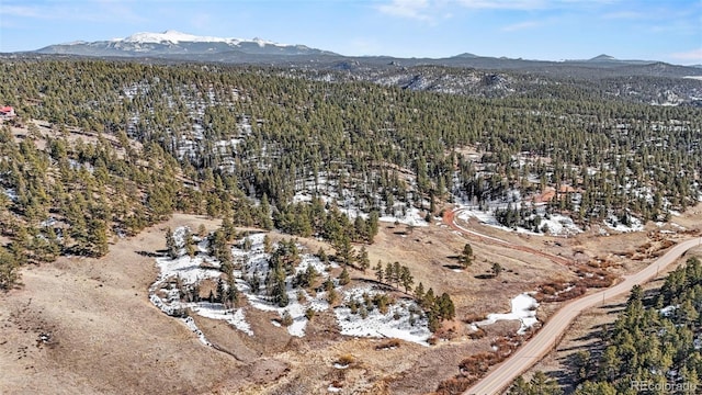 bird's eye view with a forest view and a mountain view