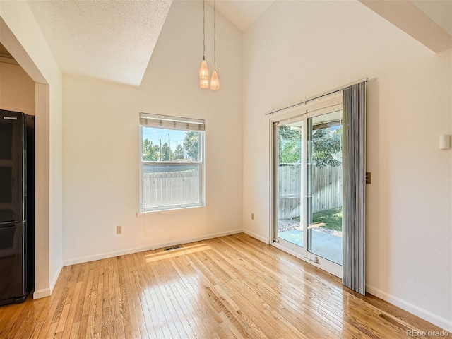 unfurnished room with a textured ceiling, light wood-type flooring, and plenty of natural light