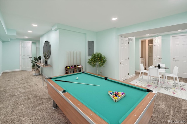 game room with carpet floors, electric panel, and pool table