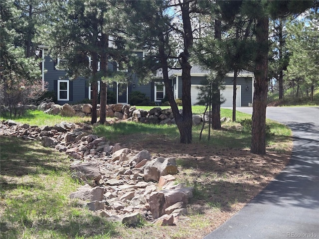 view of property hidden behind natural elements with driveway and an attached garage