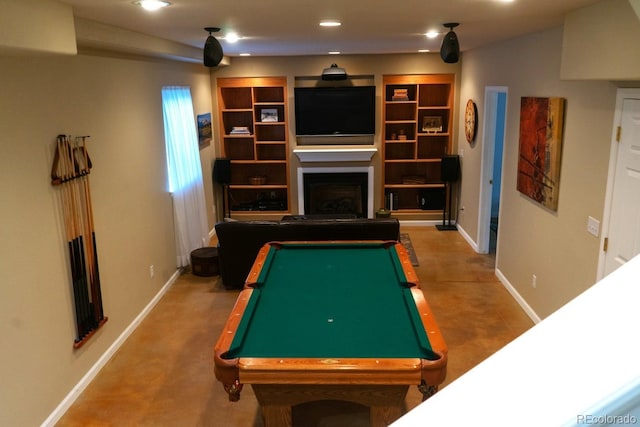 game room featuring billiards table, a fireplace, baseboards, and recessed lighting